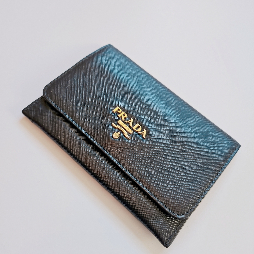 PRADA Saffiano Card Holder Wallet Gold Tone Hardware Logo - Picture 8 of 14